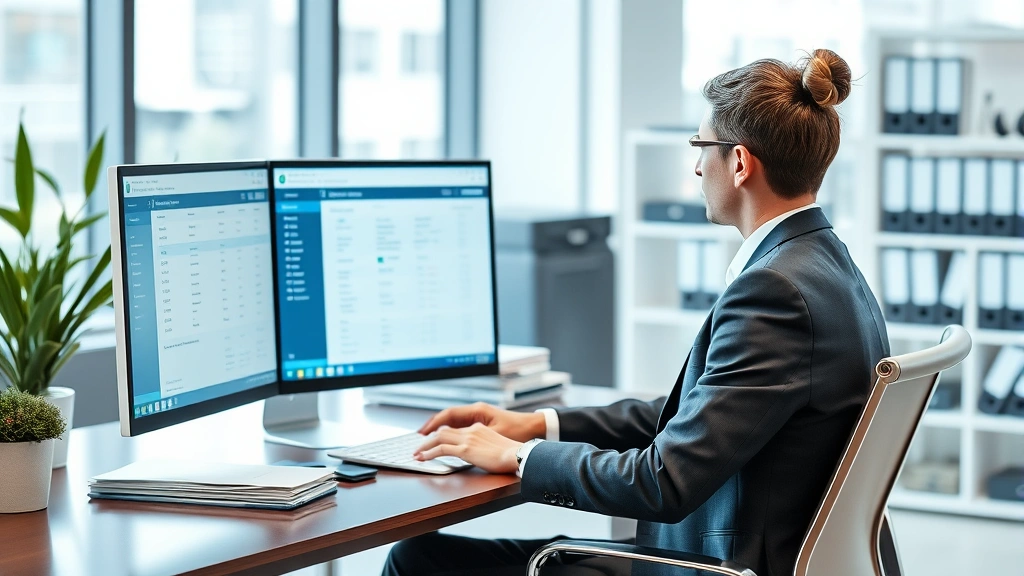 Professional attorney in business suit working at modern law office desk with computer displaying case management software, organized files and legal documents visible, contemporary office setting with natural lighting