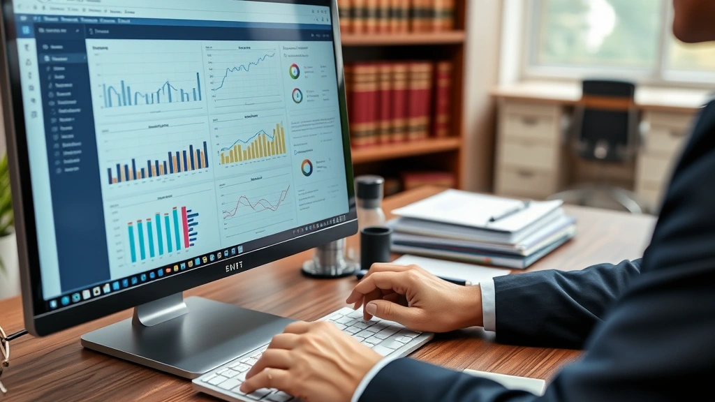 Close-up of attorney using sophisticated case management software on computer screen showing analytics, charts, and case timelines, professional workspace with law books and office supplies in background