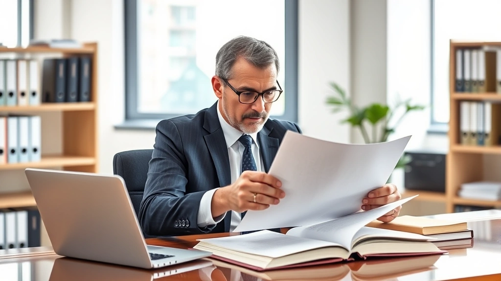 Professional male attorney in business suit reviewing legal documents at modern office desk with laptop and law books, serious focused expression, natural lighting from office window, photorealistic