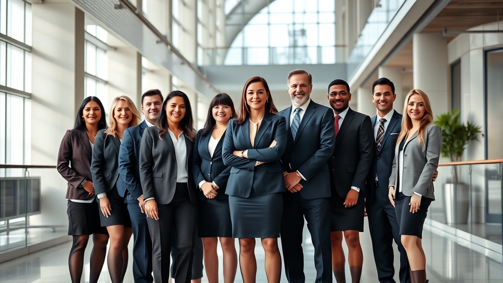 Team of diverse attorneys in business casual attire standing together in modern office lobby with contemporary architecture, professional confident posture, natural daylight, photorealistic