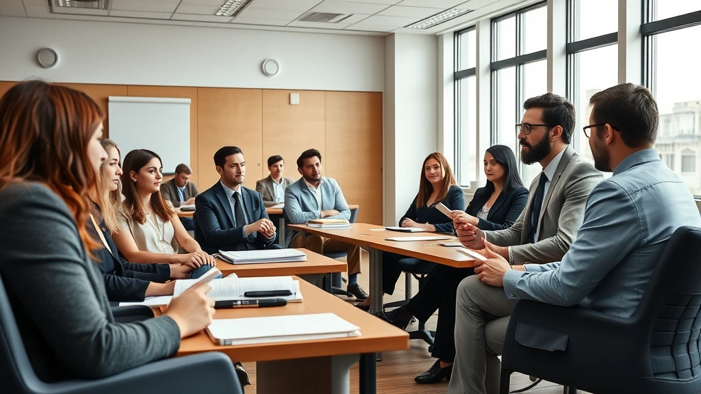 Professional law school classroom with students and professor engaging in Socratic method discussion, natural lighting, modern furniture, diverse student body taking notes, authoritative academic atmosphere