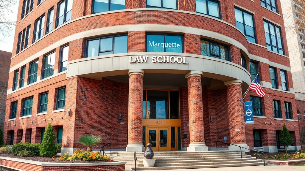Marquette University Law School building exterior in Milwaukee, professional brick architecture, Wisconsin campus setting, daytime photography, welcoming entrance with law school signage visible