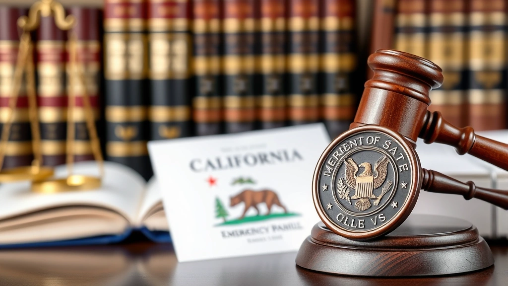 Professional legal office setting with law books and California state seal, representing state constitutional authority and legal framework for emergency powers