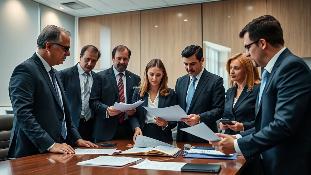 Diverse group of legal professionals in formal business attire discussing documents in a conference room, representing judicial review and constitutional protection during emergencies