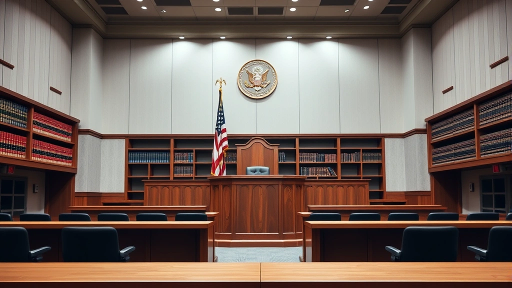 Professional courtroom with American flag and judge's bench, law books on shelves, empty jury seating, soft natural lighting, formal legal environment, no people visible, high resolution