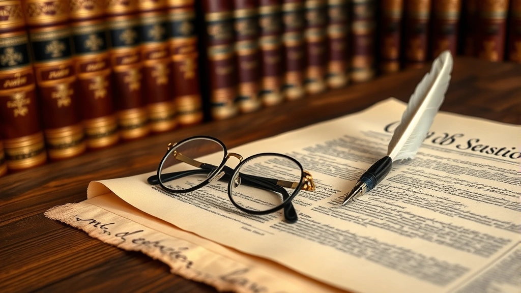 Historical document on wooden desk with reading glasses and quill pen, Constitution or legal parchment style paper, law library background with leather-bound books, warm ambient lighting, scholarly atmosphere, close-up detail work