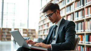 Professional law student studying in modern library with books and laptop, focused concentration, natural lighting, contemporary university setting