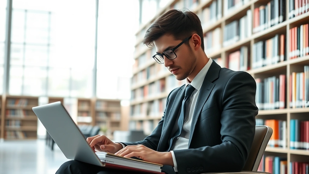 Professional law student studying in modern library with books and laptop, focused concentration, natural lighting, contemporary university setting