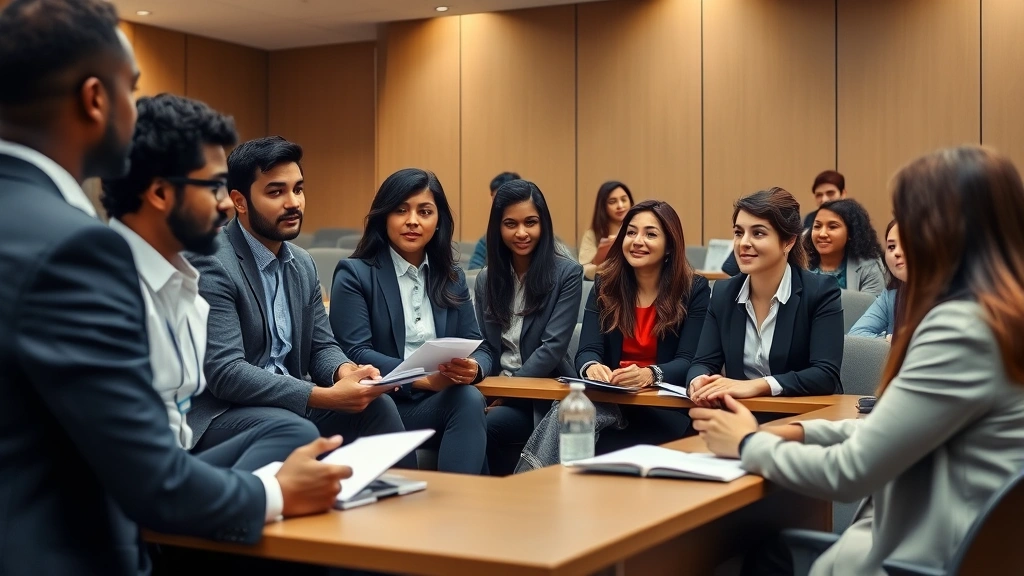 Diverse group of law students in classroom discussion with professor, engaged learning environment, professional attire, academic lecture hall with modern furniture