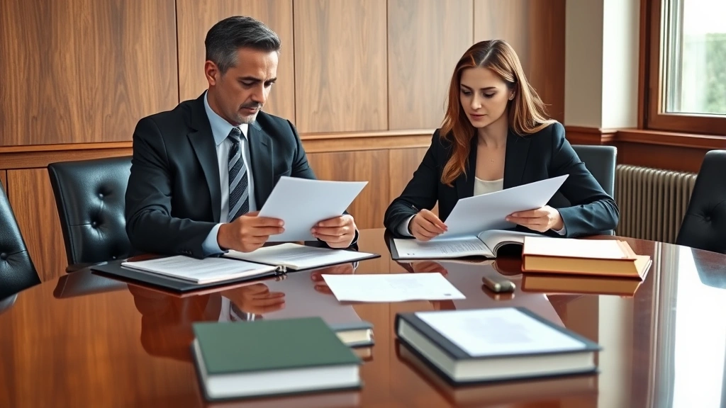 Professional male and female attorneys in business attire reviewing legal documents at a polished wooden conference table with law books and folders, natural window lighting, serious focused expressions