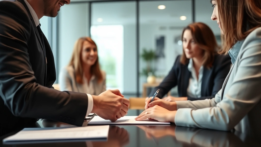 Divorced couple signing separation agreement papers with two lawyers present in modern office setting, neutral professional environment, documents and pen visible, handshake moment captured
