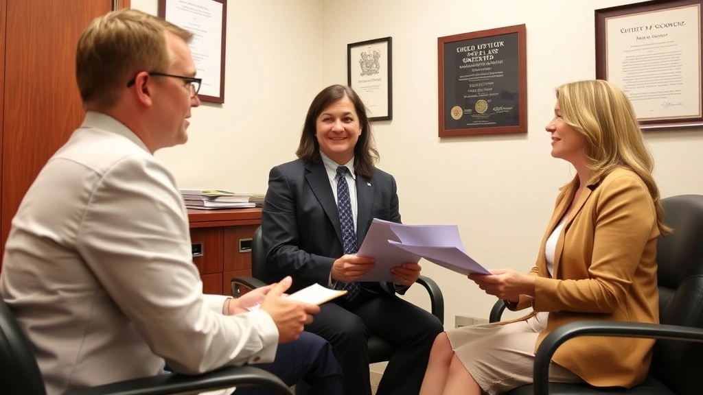 Family law attorney meeting with client in office, discussing custody and support documents, warm professional setting with filing cabinets, law degree visible on wall, attentive consultation scene