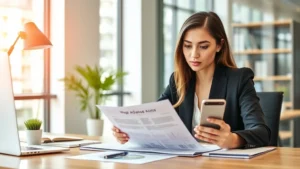 Professional woman at desk reviewing financial documents and smartphone with wage advance app displayed, modern office setting with natural lighting, focused expression showing careful financial decision-making