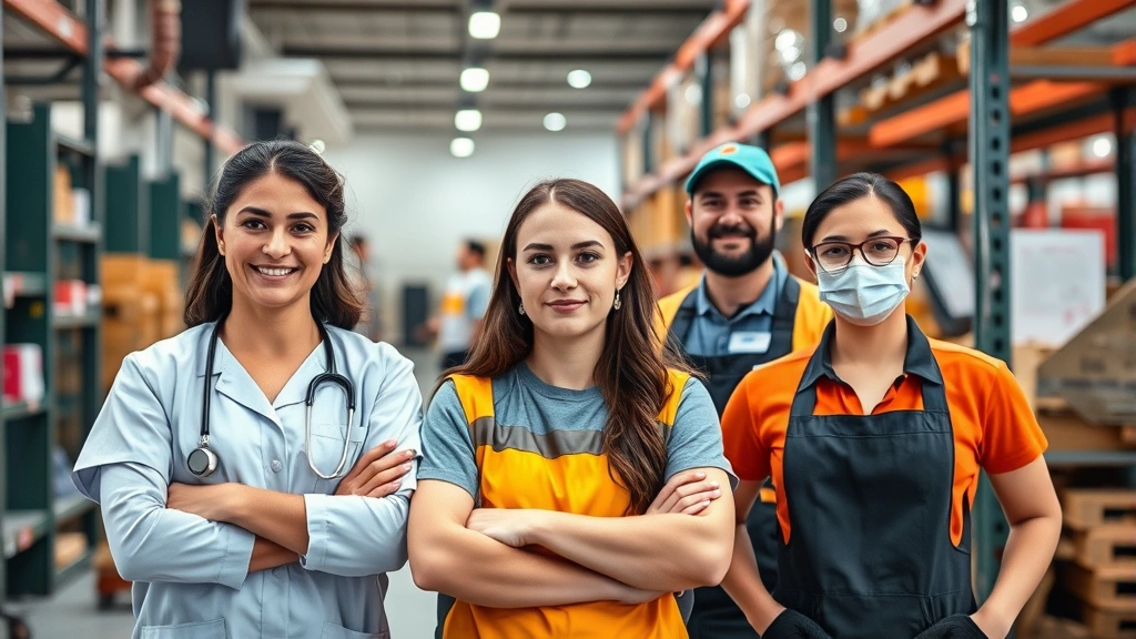 Diverse group of workers in different professional settings - healthcare worker, retail employee, warehouse staff - all appearing confident and protected, representing various workforce demographics benefiting from labor protections