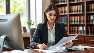 Professional female lawyer in business attire reviewing legal documents at wooden desk with computer, office environment, natural lighting, serious focused expression, law office setting with bookshelves visible