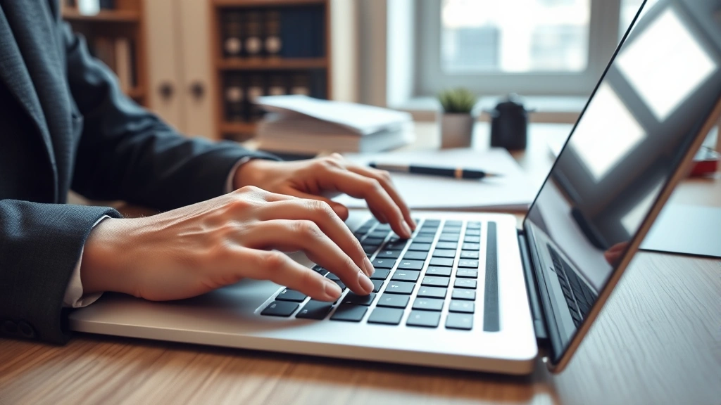Close-up of hands typing on laptop keyboard in professional legal office, documents and pen on desk, neutral color palette, focused work environment, natural daylight from window