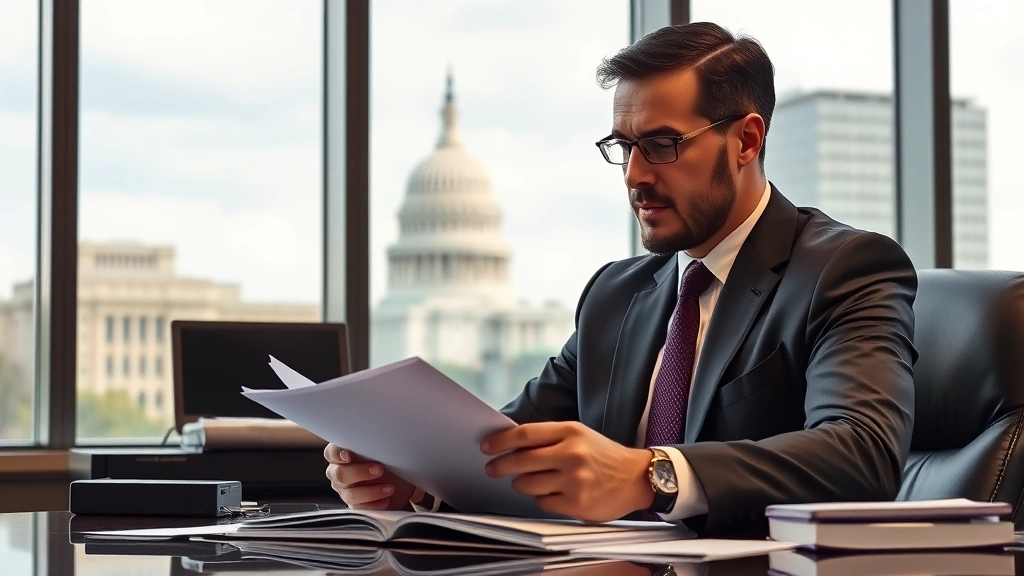 Male attorney in suit reviewing case files and documents at desk, Pennsylvania state capitol building visible through office window in background, professional legal workspace, contemplative expression