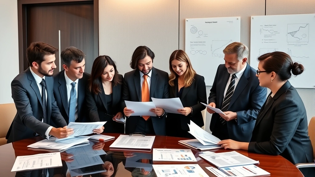 Diverse legal team in conference room reviewing documents and genetic reports together, professional attire, collaborative discussion setting with charts and evidence materials on table