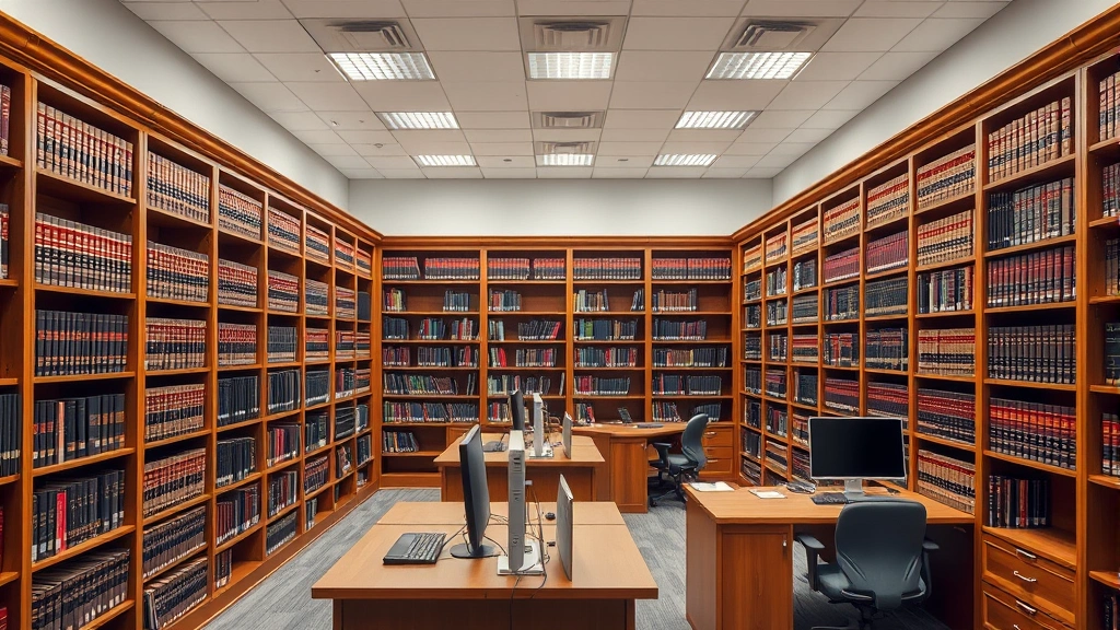 Professional law library interior with wooden bookshelves filled with legal volumes, modern computer workstations, and professional lighting, showing organized legal reference materials and study tables