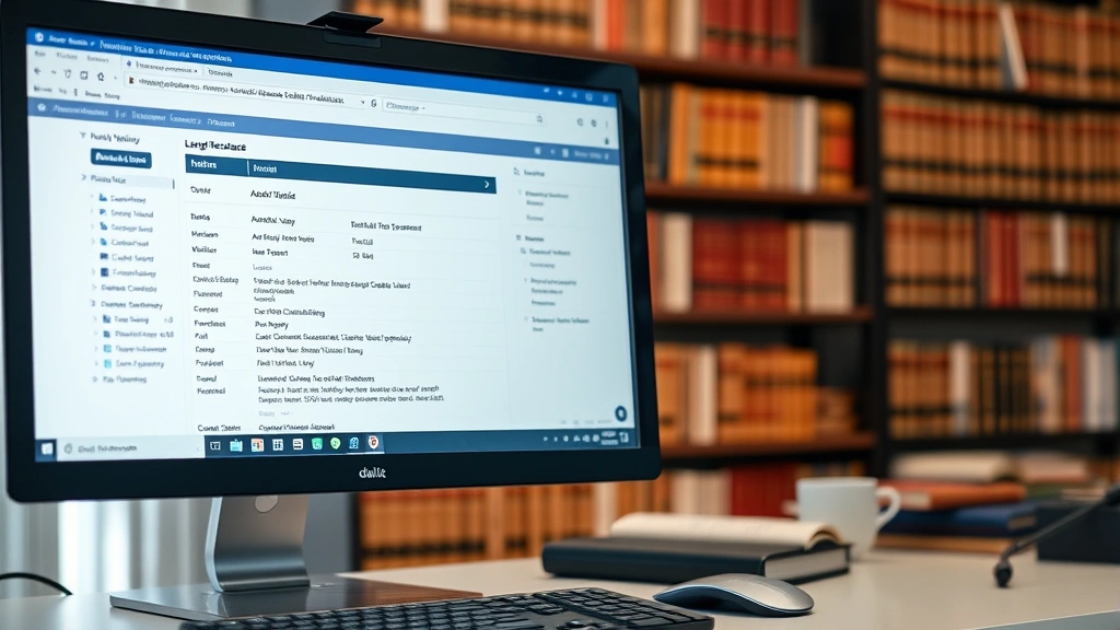 Modern digital law research setup showing computer monitor displaying legal database interface with law books visible in background, representing online legal resource access