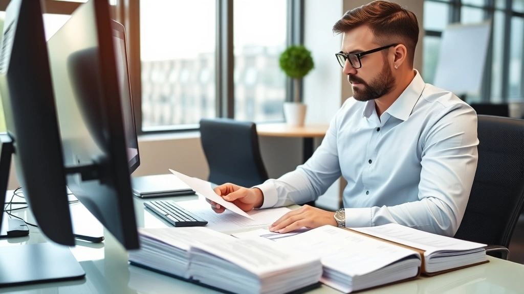Professional HR manager reviewing employee records and paid leave policies on computer in modern office environment with legal documents organized on desk