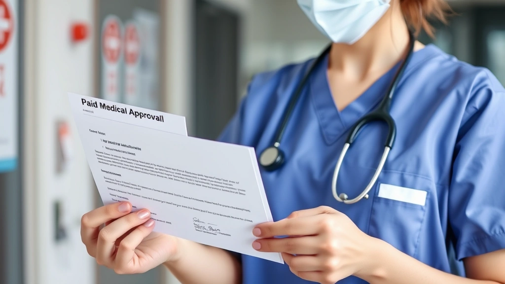 Healthcare worker in medical scrubs receiving paid medical leave approval notification, showing workplace wellness and employee health support systems