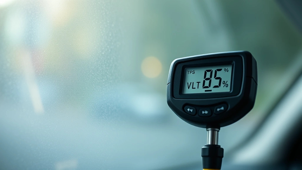 Close-up of light meter device measuring window tint darkness on vehicle glass with digital display showing VLT percentage reading