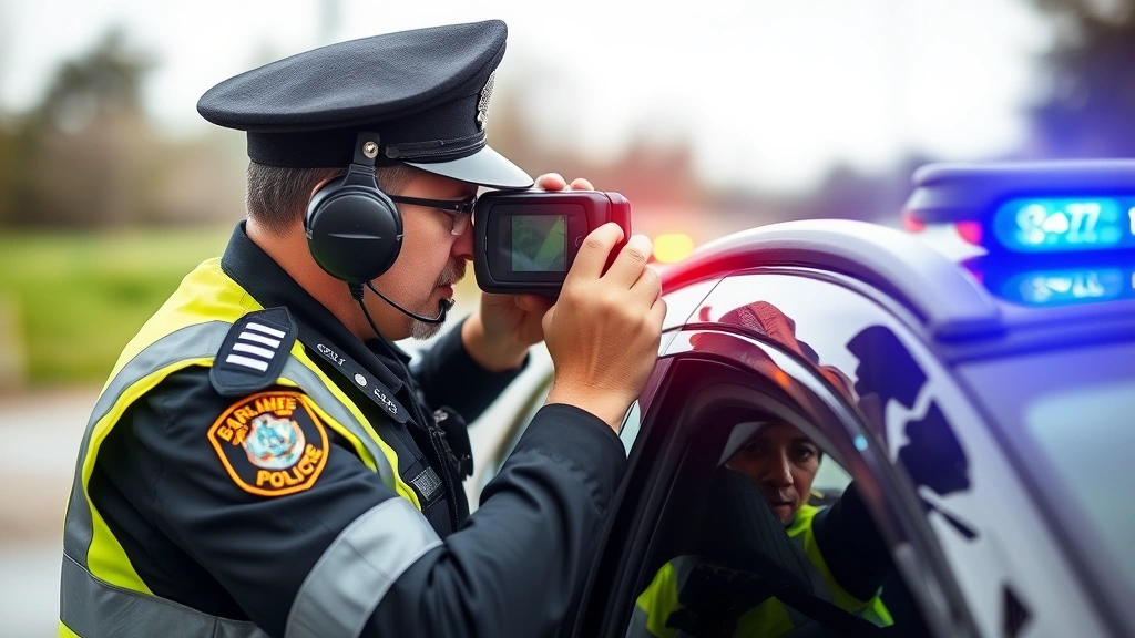 Police officer using tint measurement equipment during traffic stop to verify window tint compliance with state regulations