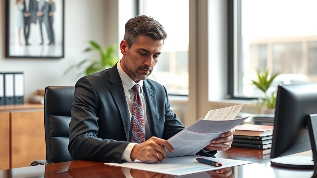 Professional male attorney in business suit reviewing motorcycle accident case files at desk in modern Milwaukee law office, serious expression, natural window lighting, legal documents and photographs visible on desk