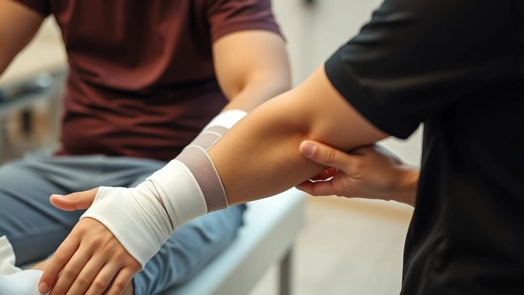 Close-up of injured motorcyclist's bandaged arm and leg during rehabilitation therapy session with physical therapist in clinical setting, showing recovery process and medical treatment