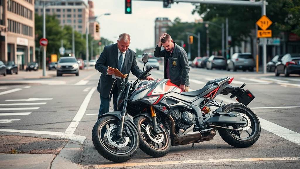 Motorcycle accident scene investigation with attorney and accident reconstruction expert examining damaged motorcycle and road conditions at urban Milwaukee intersection during daytime, clipboard and measuring tools visible