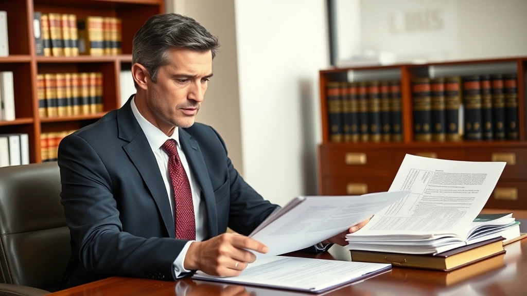 Professional attorney in business suit reviewing legal documents at mahogany desk with law books visible, serious focused expression, modern law office background with natural lighting