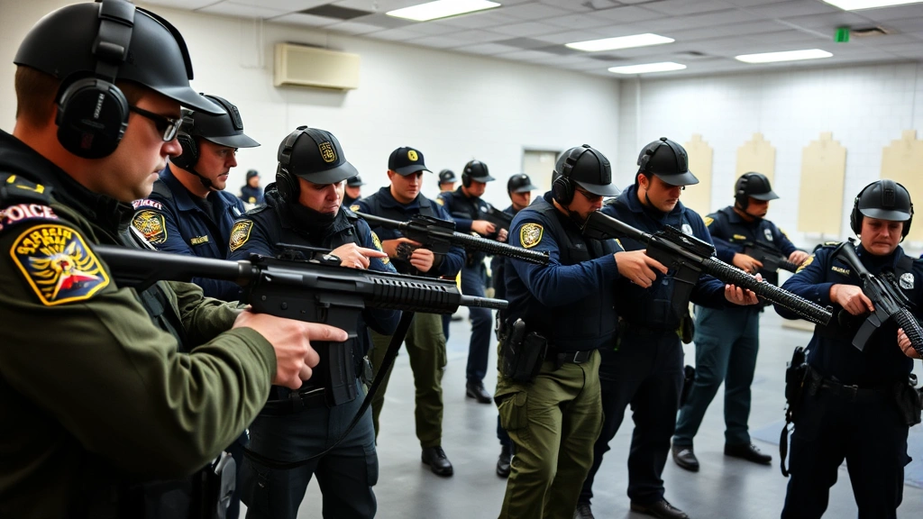 Diverse group of law enforcement officers in uniform conducting professional training with firearms safety equipment, indoor range facility with proper safety protocols visible, concentrated professional atmosphere