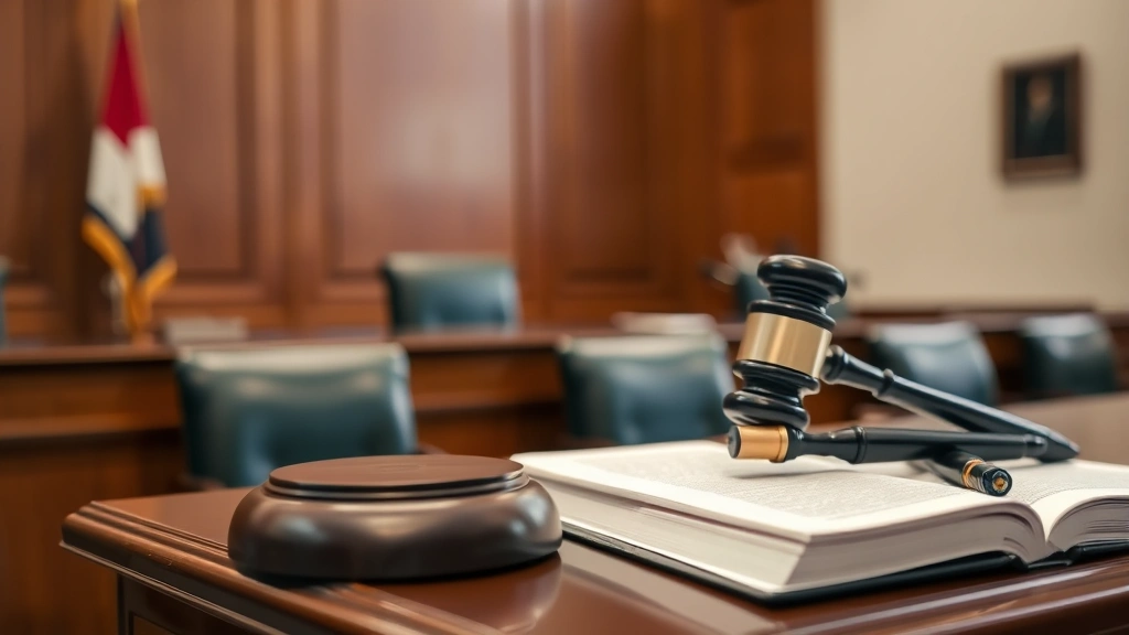 Gavel and legal documents on judge's bench in courtroom, formal judicial setting with wood paneling, serious professional legal environment with neutral background