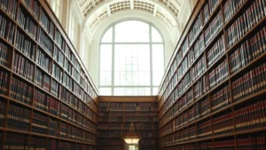 Professional law library with floor-to-ceiling wooden bookshelves filled with law books, traditional architecture, natural light from large windows, prestigious academic atmosphere, no people visible