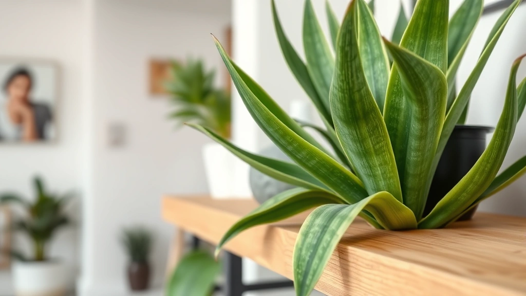 Close-up of green snake plant leaves with sharp pointed edges on a wooden shelf in a contemporary home interior, demonstrating proper plant placement
