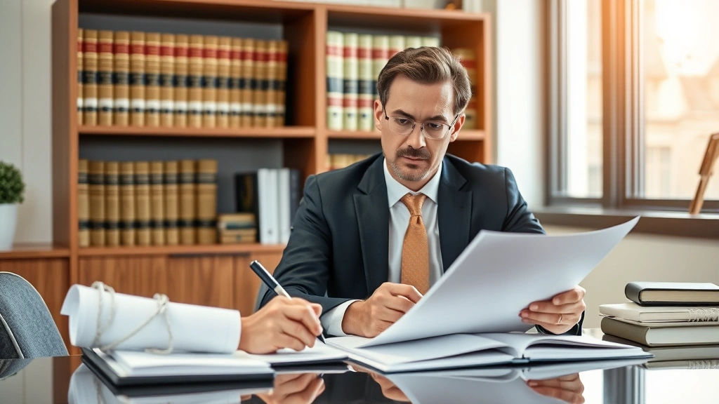 Legal professional in an office reviewing documents and taking notes at a desk with law books visible in background, representing premises liability consultation