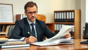 Professional lawyer reviewing case files and documents at wooden desk with organized filing systems, serious expression, neutral lighting, law office background