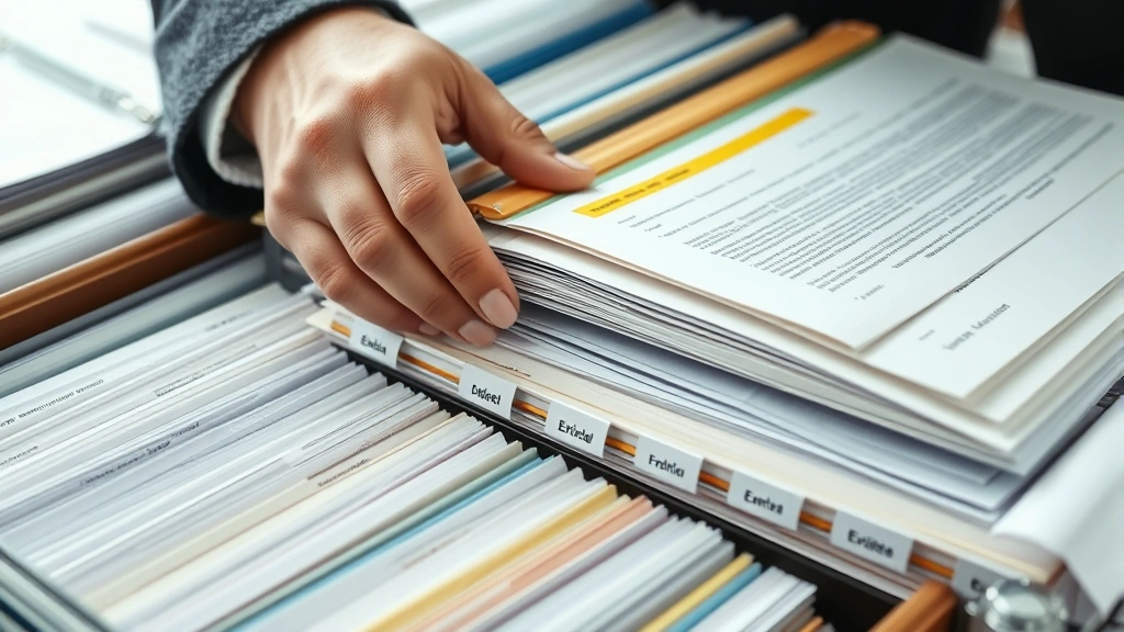 Close-up of attorney's hands organizing evidence folders and documents with systematic labeling and color-coded system, showing meticulous preparation methods