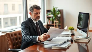 Professional attorney in business suit reviewing legal documents at desk with law books and computer, serious focused expression, modern law office setting with natural lighting