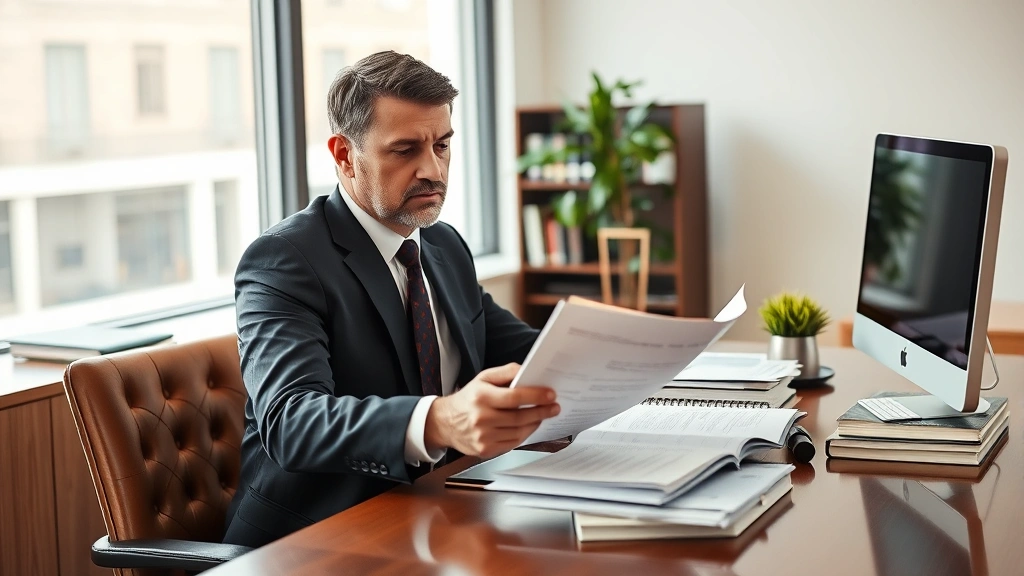 Professional attorney in business suit reviewing legal documents at desk with law books and computer, serious focused expression, modern law office setting with natural lighting