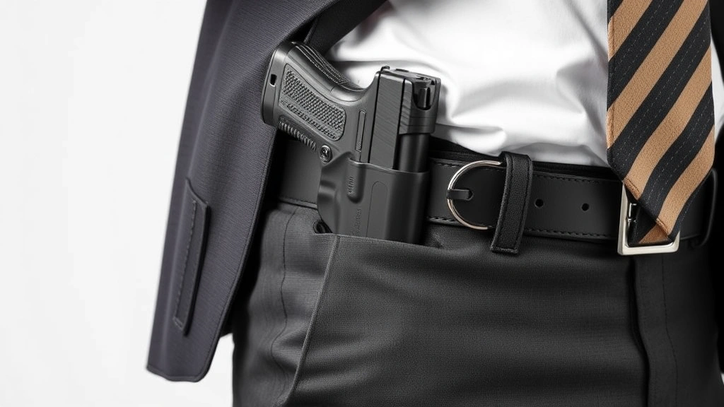 Close-up of concealed carry holster worn by person in professional attire, showing proper weapon retention and positioning, neutral background emphasizing equipment quality
