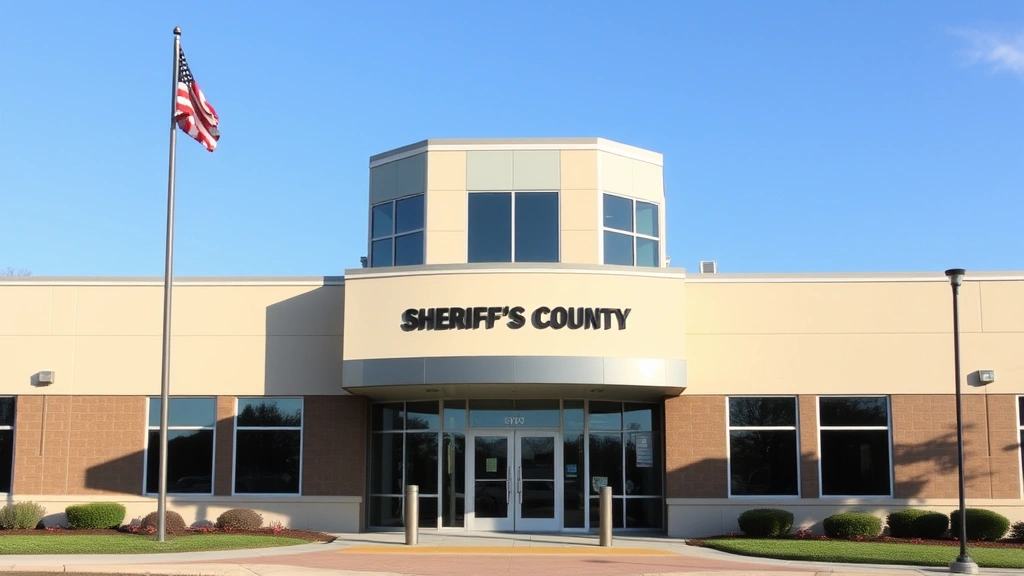 County sheriff's office building exterior, official government architecture, professional appearance, daytime photograph showing legitimate law enforcement facility