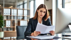 Professional female attorney in business attire reviewing legal documents at a modern desk with a computer monitor visible, serious focused expression, natural office lighting, contemporary law office environment