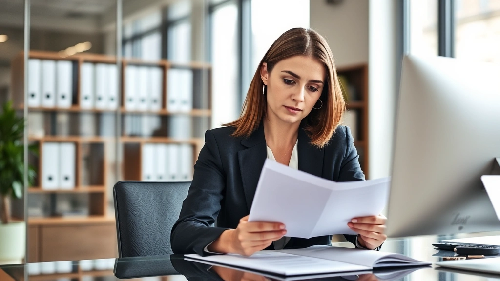 Professional female attorney in business attire reviewing legal documents at a modern desk with a computer monitor visible, serious focused expression, natural office lighting, contemporary law office environment