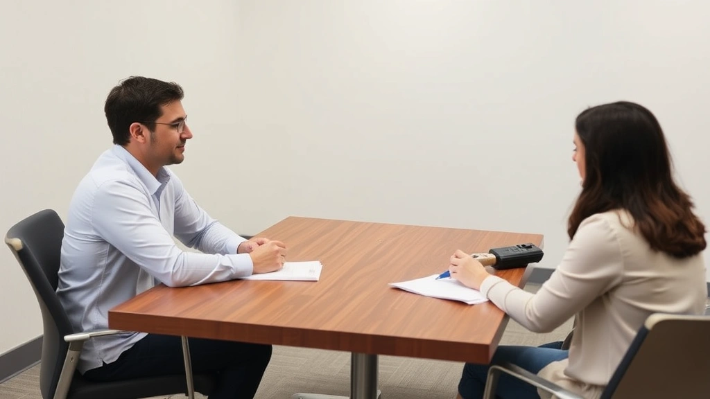 Two parents sitting at a table with a mediator during a professional family law mediation session, calm respectful setting, neutral conference room, focused on discussion and resolution