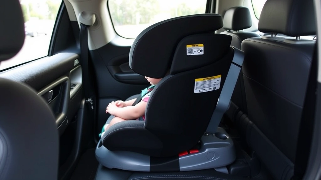 Professional photograph of a correctly installed rear-facing infant car seat in a vehicle's back seat, showing proper harness positioning and recline angle, shot from the side angle to clearly display installation details, natural lighting through car windows