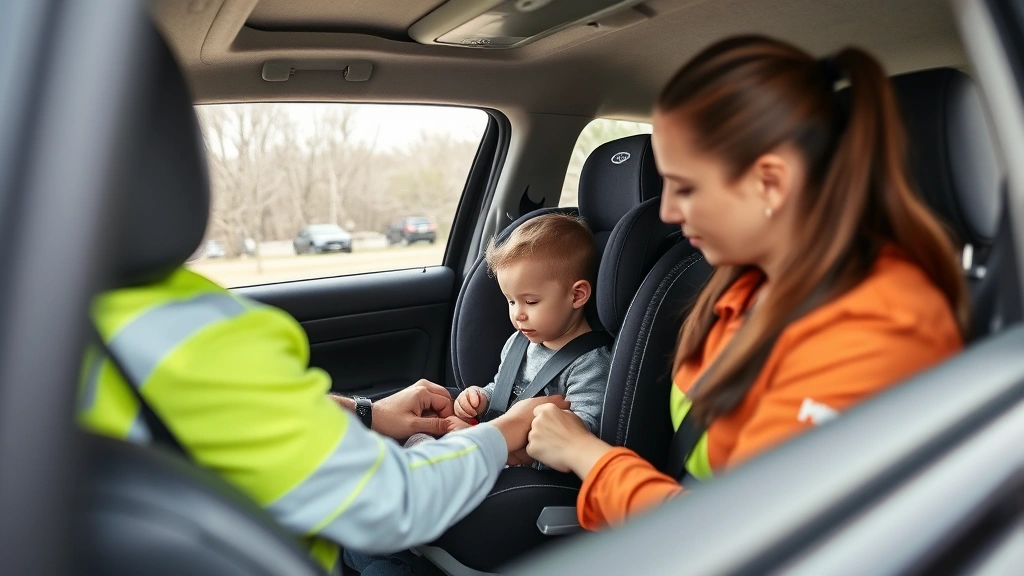 Wide-angle photograph of a certified child passenger safety technician inspecting and adjusting an infant car seat installation in a vehicle, showing the technician checking the seat's stability and angle with professional focus, natural daylight