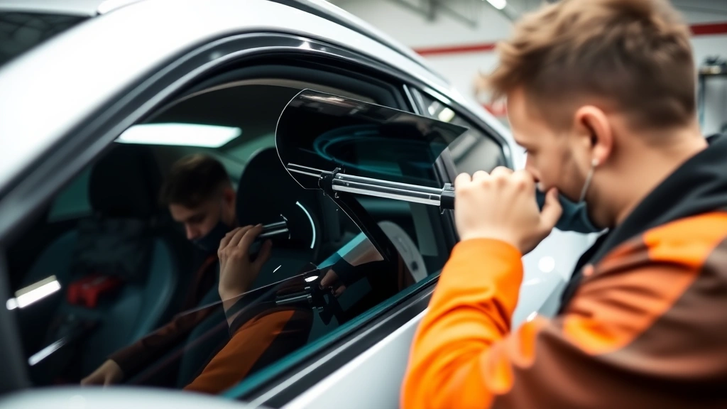 Professional automotive technician applying window tint film to vehicle side window using squeegee tool, demonstrating proper installation technique in well-lit shop
