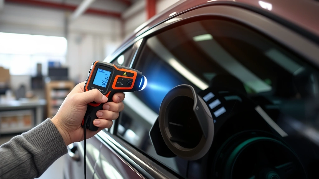 Professional window tint measurement being performed on vehicle side window using specialized light meter device in automotive shop setting